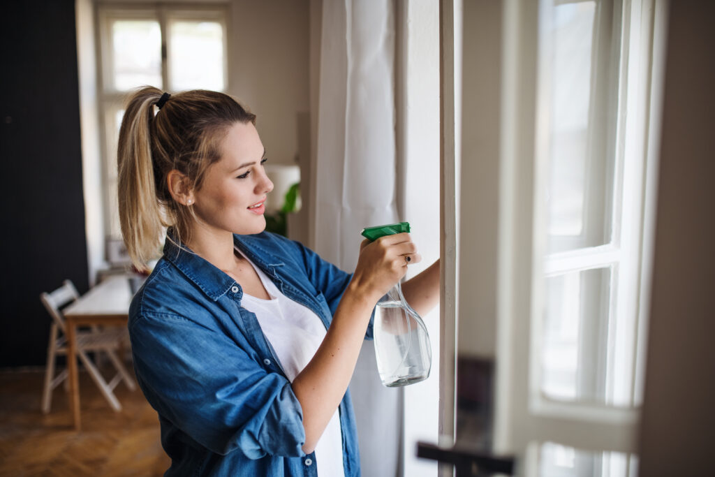 Femme nettoyant une vitre de sa maison 